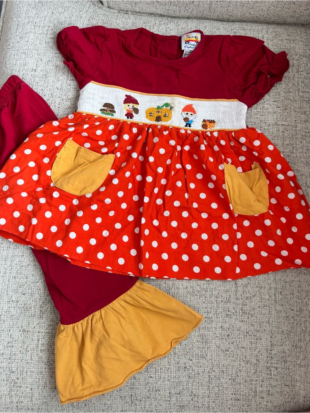 Girls Red Polka Dot Pumpkin Appliqué Dress Set - small stain